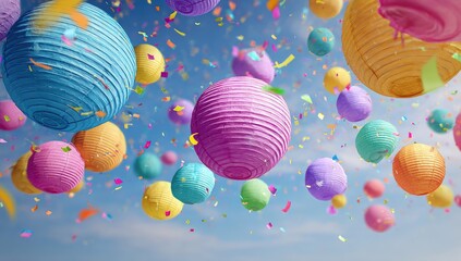 Vibrant paper lanterns and confetti float joyfully in a clear blue sky