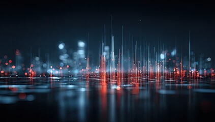 Abstract digital city with glowing red and blue data streams