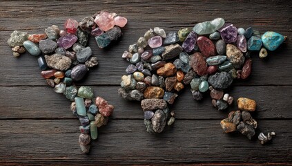 A map of the world constructed entirely from colorful, raw, uncut gemstones