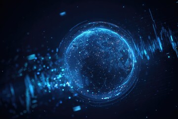 Glowing digital sphere with data streams and pulsating energy against dark background