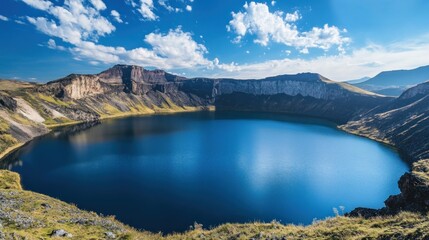 A stunning view of a deep blue crater lake surrounded by rocky cliffs under a cloudy sky