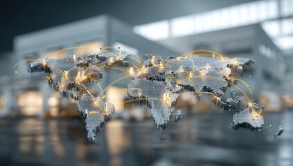 Global connections network illustrated over a blurred industrial facility