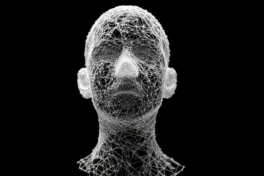 A skeletal, networked human head and neck against a stark black background - Powered by Adobe