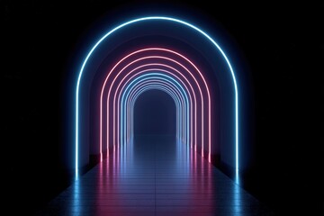 A futuristic illuminated tunnel with repeating archways in blue and pink neon