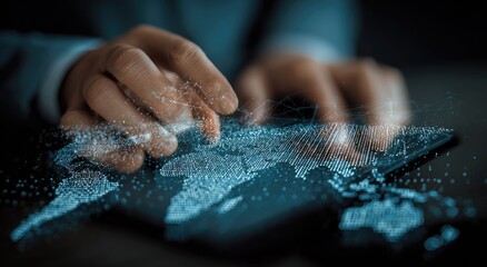 Hands interact with a digital world map projection, data streams flow