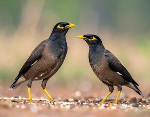 Two small birds with black, brown, and yellow plumage stand together