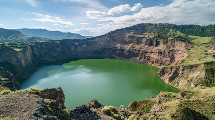 Breathtaking view of a green crater lake surrounded by mountains and clear sky