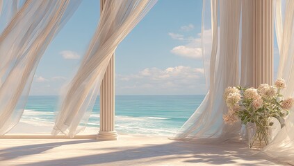 Elegant beach view framed by sheer curtains, columns, and floral arrangement