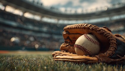 Fototapeta premium A baseball rests in a leather glove on a grassy field at a stadium