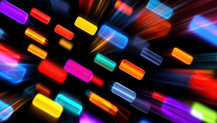Vibrant, glowing, rounded rectangles with light trails against a dark background