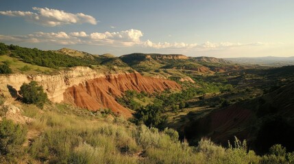 Scenic landscape of layered red rock formations and verdant hills under a blue sky