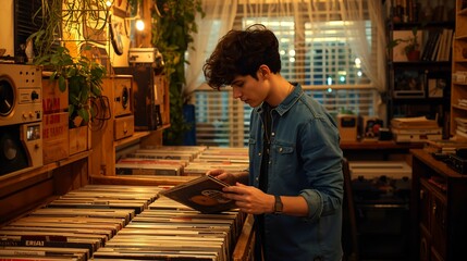 a young person searching through records in a vintage shop, immersed in music and exploration