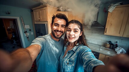 A joyful couple taking a selfie in a kitchen, celebrating together, creating memories and sharing moments 