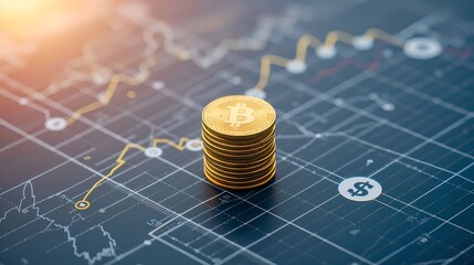 Bitcoin stacked on a graph, showing the rise and fall of the digital currency and investment