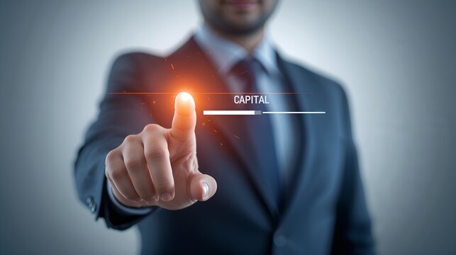 A business professional interacts with a virtual progress bar indicating capital loading, symbolizing financial growth and investment