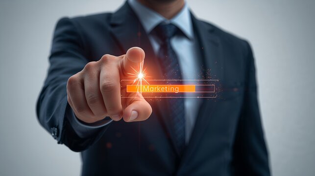 a business person points toward a loading bar on a digital interface, symbolizing marketing progress and digital advancements