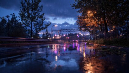 Wet road at twilight, reflecting streetlights and distant traffic lights