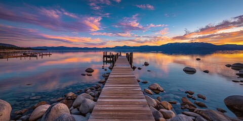 Wooden dock extends into a tranquil lake reflecting a vibrant sunset sky