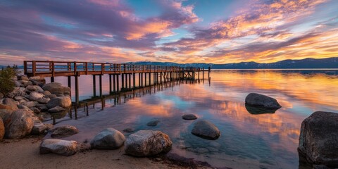 Wooden pier at sunset on a tranquil lake, reflecting colorful skies