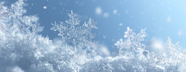 Close-up of intricate ice crystals and snowflakes falling against a bright blue sky