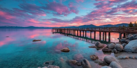 Pier extends into a tranquil lake reflecting a vibrant sunset sky