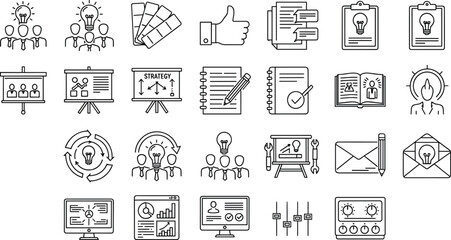 Business Strategy and Idea Line Icons Set, Including Teamwork, Presentation, Lightbulb, Data Analysis, and Creative Planning Concepts Vector.