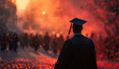 A graduate in a cap and gown walks away from the viewer toward a blurry, warm-toned crowd