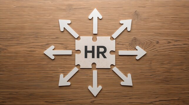 HR-related concept image: central puzzle piece, surrounded by directional arrows, symbolizing strategies
