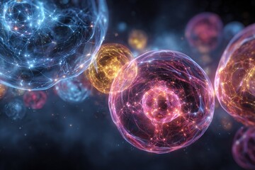 Glowing, interconnected cellular spheres pulsing with light on a dark background