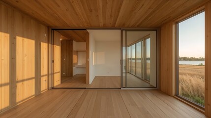 an empty and modern wooden room with large windows, flooded with natural light