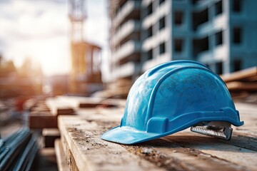 Blue hard hat on construction site with building and lumber