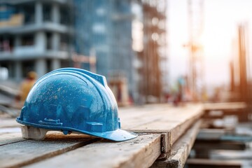 Blue safety helmet rests on wooden planks at a construction site during sunset