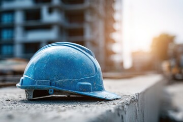 A weathered blue hard hat rests on a concrete ledge at a construction site