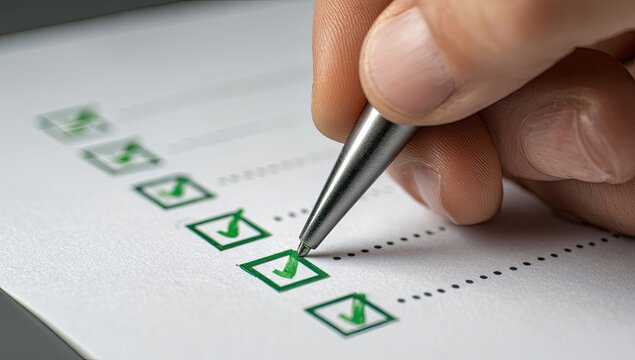 Hand checking items off a list with a pen, marking progress
