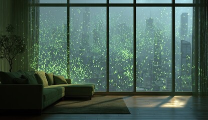 Modern living room with city view filled with glowing green particles