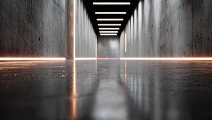 Futuristic concrete corridor with orange lighting and reflective floor