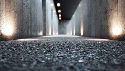 Low angle view of a long, dimly lit concrete passageway with illuminated wall fixtures