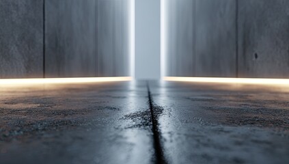 Minimalist concrete corridor with glowing light at the end
