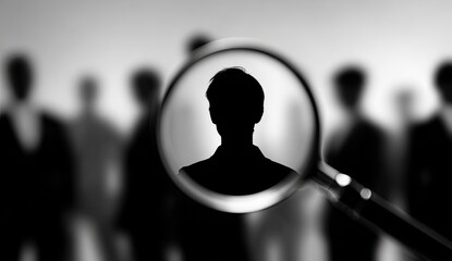 Magnifying glass focuses on a single silhouette in a crowd of blurred figures