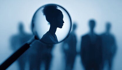 Silhouette of woman's profile magnified by a lens, with blurred figures behind