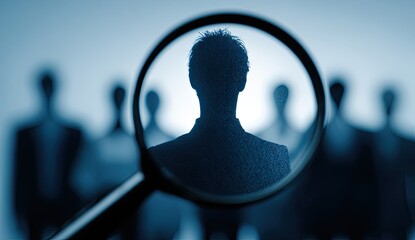 Magnifying glass focuses on silhouette of one person among many