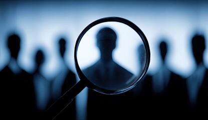 Silhouette of a person magnified by a magnifying glass amidst a crowd