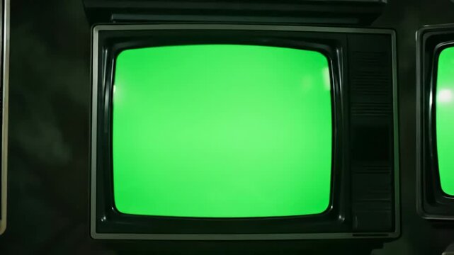 Green Screen stacked vintage television dolly in you can replace with the footage or picture want do it lkeyingr effect after effects 4k scene 3 distortion, overlay, glitch, static noise, scan lines