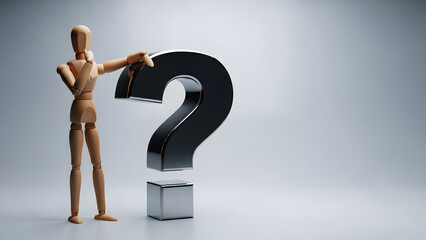 疑問符の横で考え事をするデッサン人形