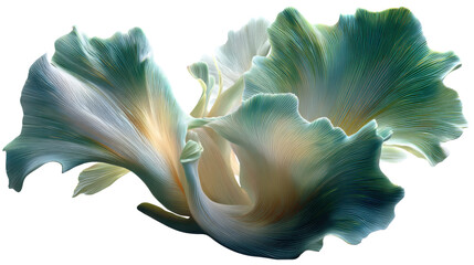 Abstract teal and yellow fungal gills creating an organic texture with a flowing, ethereal shape on a transparent background