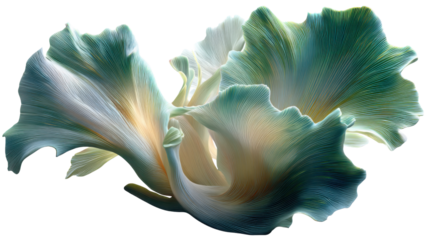 Abstract teal and yellow fungal gills creating an organic texture with a flowing, ethereal shape on a transparent background
