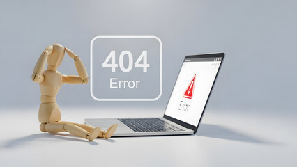 パソコンの前で頭を抱えて悩むデッサン人形のトラブル（404エラー）