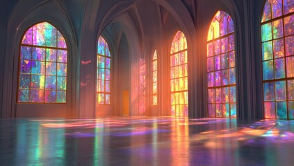 Sunlit grand hall with vibrant stained-glass windows casting colorful reflections