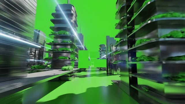 Green Screen 4k looped background with banners 3d city of the future scene 1 distortion, overlay, glitch, static noise, scan lines on black background, animated video loop