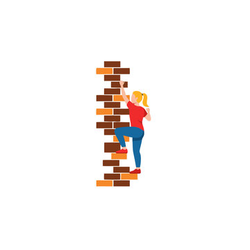 Woman Climbing Brick Wall with Red Shirt Blue Jeans and Blonde Ponytail with Black Background